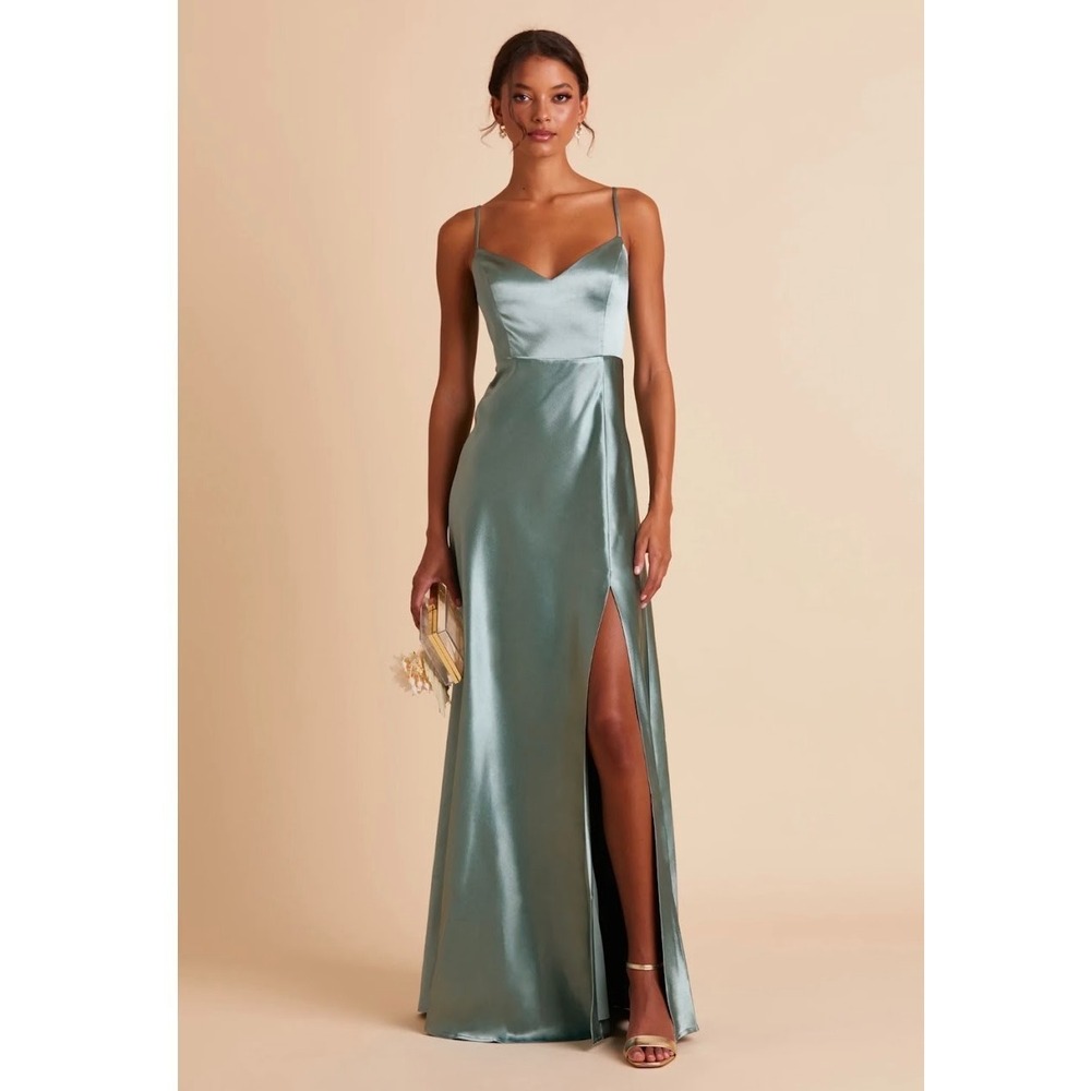 Birdy Grey Jay Shiny Satin Dress Sea Glass Blue Green Cowl Slit Bridesmaid Gown